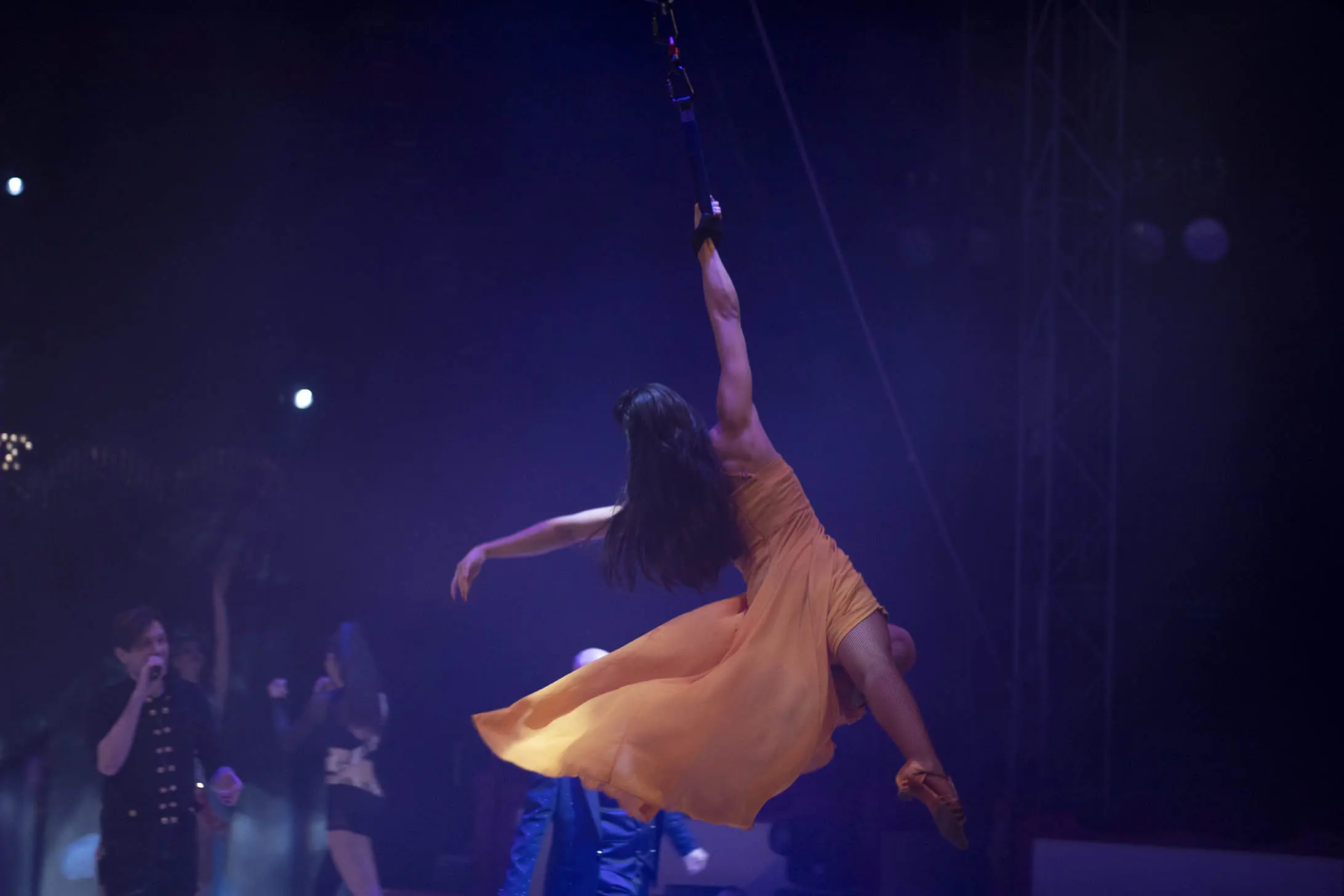 Aerial artists performing above the stage